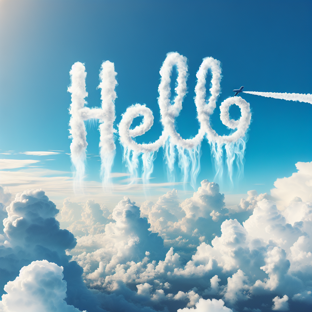 Generate a blue sky with white clouds and the word "Hello" in skywriting.