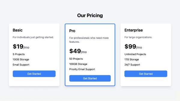 Pricing section with 3 prices, the middle one should be featured.